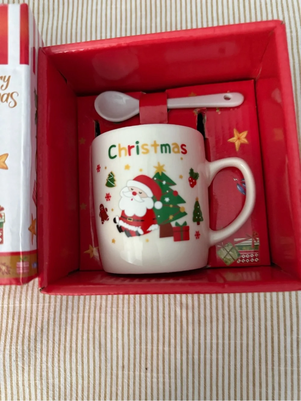 Holiday Christmas Santa Mug with Spoon - White & Red